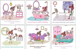 Detailed care guide for jewelry sets showing maintenance tips and usage icons