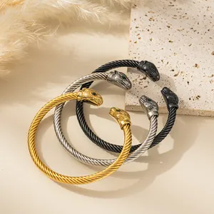 Mens stainless steel braided wire bracelets with leopard heads in gold silver and black