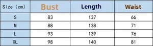Detailed size guide for short sleeve polka dot maxi dress with bust and waist chart