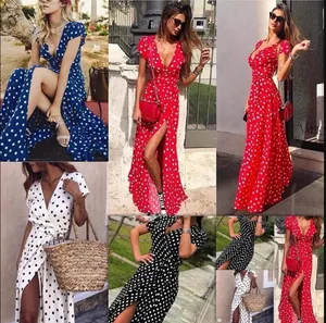 Detailed collage of short sleeve wrap maxi dress with polka dot print and high slit