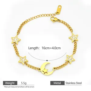 Golden stainless steel celestial bracelet featuring moon and zircon star pendants
