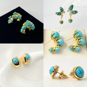 Vintage Turquoise Stud Earrings For Women With 925 Sterling Silver Earring Post Zirconia Copper Gold Plated Jewelry
