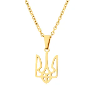 Golden stainless steel Ukraine Tryzub pendant necklace with a polished O-link chain