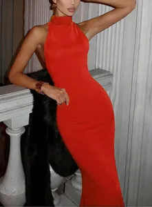Close-up of red high-neck sleeveless mermaid dress showing slim fit silhouette and fabric