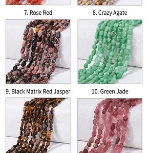 Detail of assorted irregular natural stone beads featuring Agate, Rhodonite and Green Jade