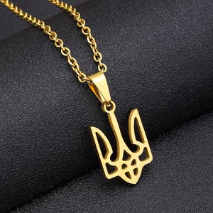 Golden Ukraine Tryzub trident pendant necklace in polished stainless steel