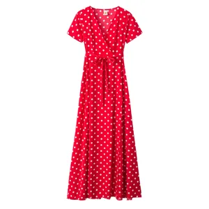 Classic red polka dot short sleeve wrap dress with V-neck and adjustable belt