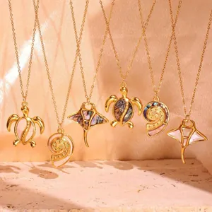 Stainless Steel Ocean Series Necklace Inlaid Natural Shell Mother Of Pearl Sea Turtle Starfish Ray Monstera Leaf Pendant Summer Vacation Women Jewelry