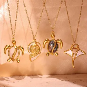 Gold stainless steel ocean series necklaces with sea turtle and shell pendants