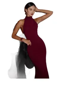 Elegant burgundy halter neck high waist mermaid evening dress for party or wedding
