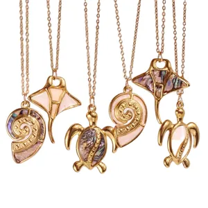 Gold stainless steel ocean necklaces with abalone shell sea turtle and manta ray pendants