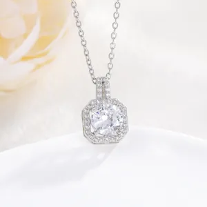 Elegant silver octagon pendant necklace with round zircon centerpiece and halo diamonds