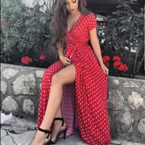 Vintage red polka dot short sleeve dress with V-neck and side split, waist tie detail