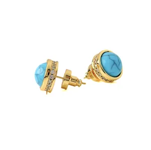 Vintage style gold earrings with round turquoise and white zircon accents for women
