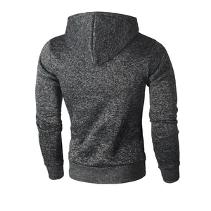 Slim fit men's heather grey fleece pullover hoodie shown from the back view.