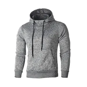 Detailed view of a grey heathered slim fit men's hooded sweatshirt with front pocket.