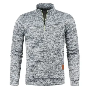Front view of men's autumn gray mottled quarter-zip sweater with warm fleece lining