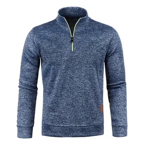 Close-up of blue heathered knit texture and fluorescent-lined quarter-zip collar
