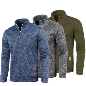 Men's quarter-zip knit sweater in blue, grey, and olive green with fleece lining.