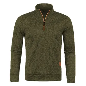 Detail of men's olive green heathered 1/4 zip pullover sweater with orange accents.