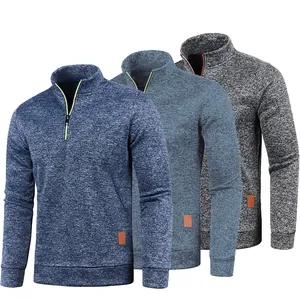 Men's quarter-zip knit pullover sweaters with thin fleece lining, three color options