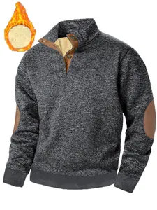 Detail view of men's fleece-lined sweatshirt with button collar and elbow patches