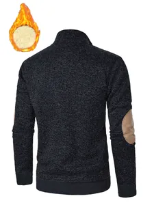 Detailed back view of men's fleece-lined stand collar sweatshirt with tan elbow patches