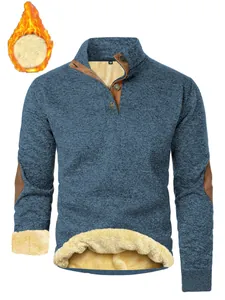 Detailed view of men's blue fleece-lined sweatshirt featuring stand collar and buttons