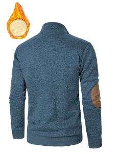 Back view of blue men's sweatshirt featuring warm fleece lining and elbow patches