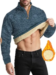 Detailed view of men's blue marled pullover featuring thick sherpa fleece lining for warmth