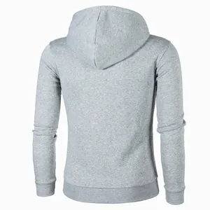 Back view of a classic heather gray men's hooded pullover sweatshirt with ribbed hem