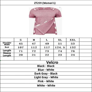 Size chart for women's chemo shirt with port access and Velcro closures