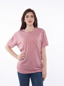 Front view of a heather pink short-sleeve chemo port access t-shirt on a female model