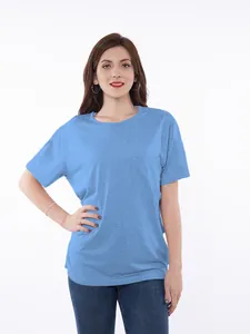 Woman modeling a light blue chemo port access t-shirt with short sleeves for medical use