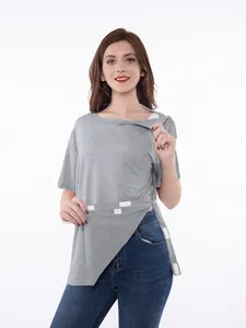 Gray chemo shirt detail showing side velcro openings for easy medical port access.