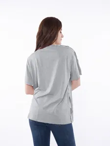 Back view of high-quality grey short sleeve chemo shirt with side port access snap buttons