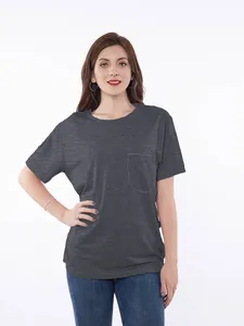 Front view detail of a dark grey short sleeve chemo shirt featuring a convenient chest pocket