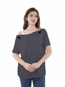 Detailed view of grey short sleeve chemo shirt with shoulder port access snaps
