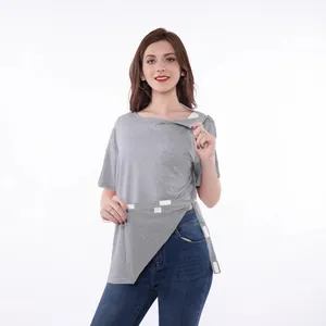 Grey short sleeve chemo shirt with shoulder and side snap buttons for medical port access