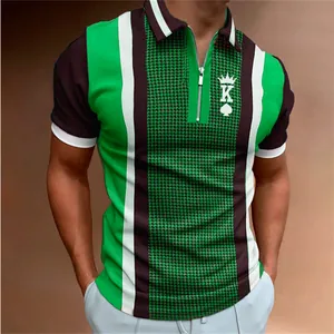 Casual men's short sleeve Polo shirt featuring green stripes and houndstooth print with zipper
