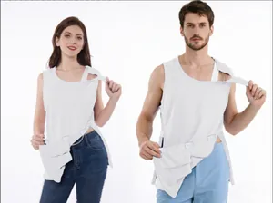 Detail of unisex adaptive medical shirt with tear-away design for surgical recovery