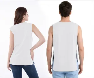 Back view of unisex white adaptive surgery recovery shirt with side snap buttons