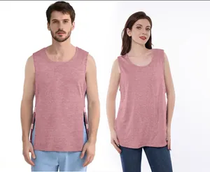 Unisex rose-colored post-surgery recovery tank tops with side openings on models