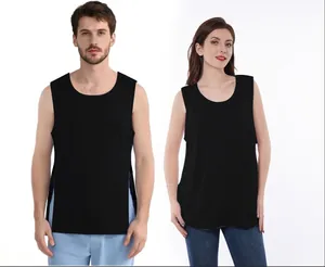 Black unisex adaptive surgery recovery tank top shown worn by both male and female models