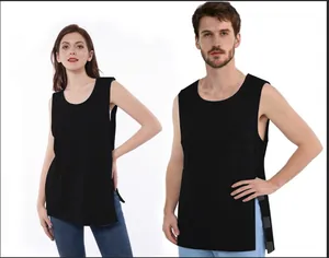 Detail view of side-snap fasteners on black unisex post-surgery recovery tank top