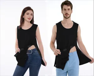Unisex black post-surgery recovery sleeveless shirt with adaptive side openings
