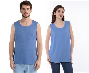 Unisex blue post-surgery recovery adaptive tank top with side snap buttons on white