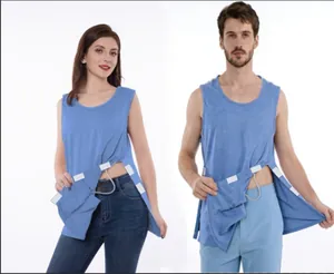 Blue post-surgery adaptive vest showing side-opening snap buttons for medical recovery
