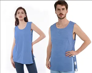 Detail of unisex adaptive post-surgery shirt with side snap closures for recovery