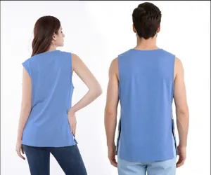 Rear detail view of unisex blue adaptive post-surgery sleeveless shirt with side snap buttons.